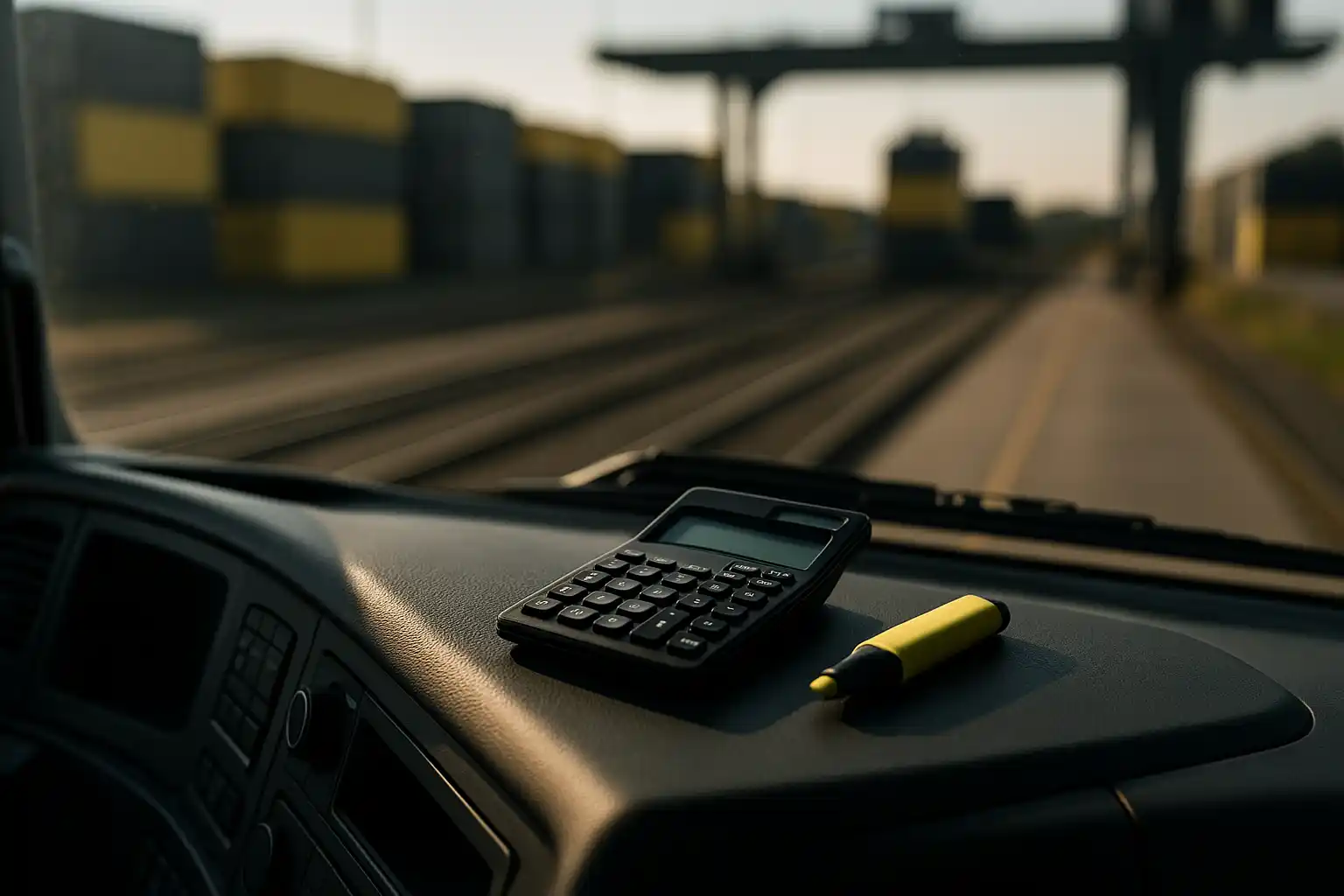Innenraum eines LKW: Taschenrechner und gelber Textmarker auf dunklem Armaturenbrett; durch die Windschutzscheibe unscharf ein Terminal mit schwarz-gelben Containern und Gleisen