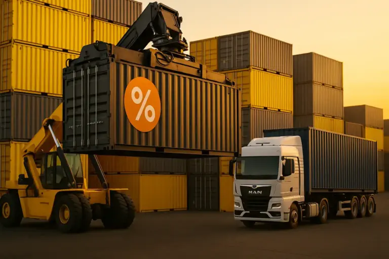 MAN-Containertruck im Terminal bei Sonnenuntergang; Reachstacker hebt schwarzen 40'-Container mit gelbem Prozent-Symbol; gelbe Containerstapel im Hintergrund.