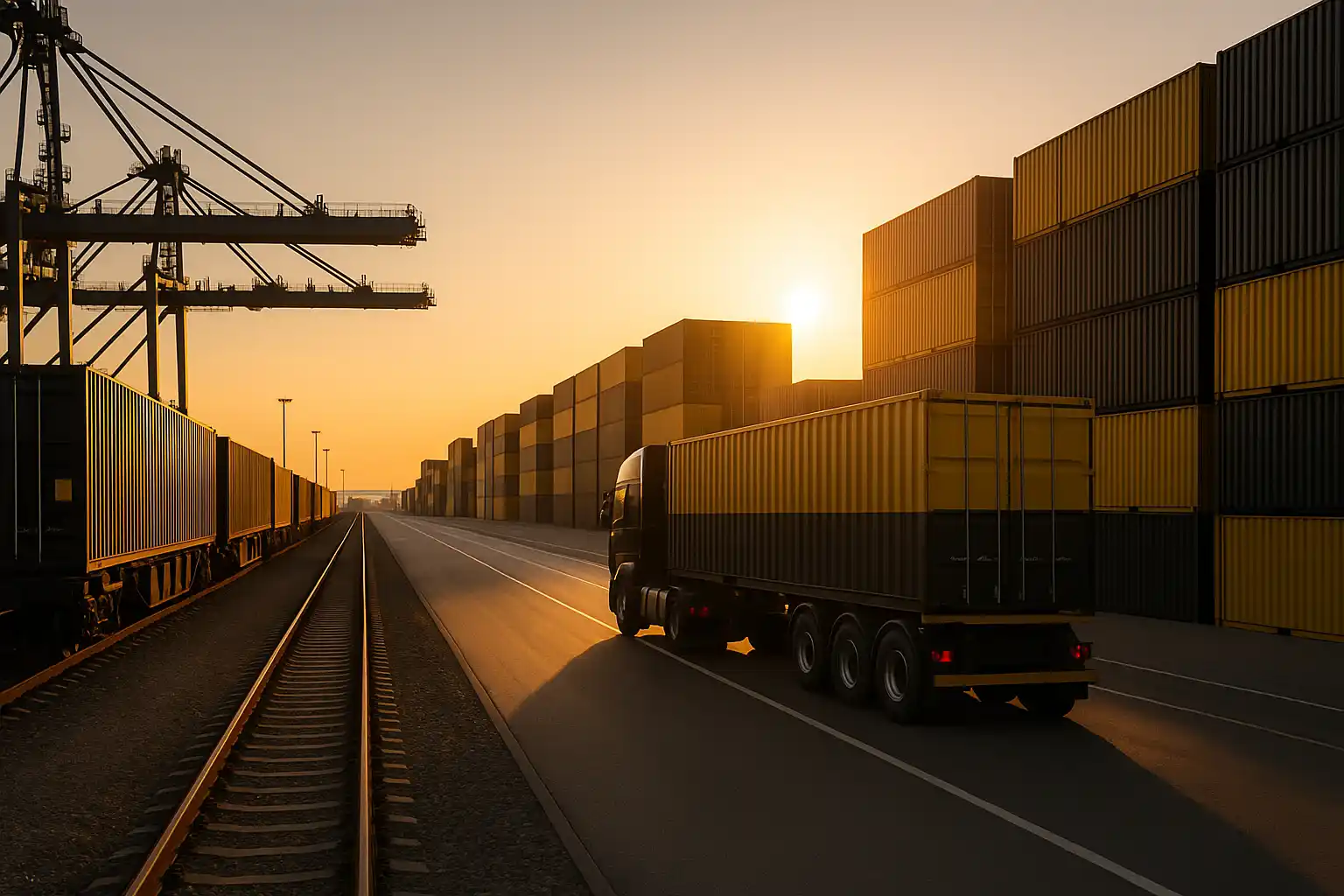 Intermodales Containerterminal bei Sonnenaufgang: links Güterzug mit schwarz-gelben Containern, rechts LKW mit Container; Portalkräne, geordnete Stapel, leere Fahrbahn.